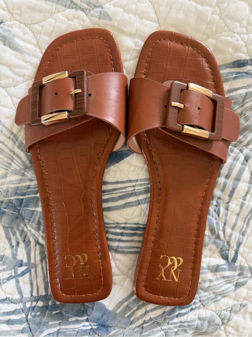New York & Company Cognac Brown Buckle Square Toe Slide Sandals Size 7 - Picture 2 of 7